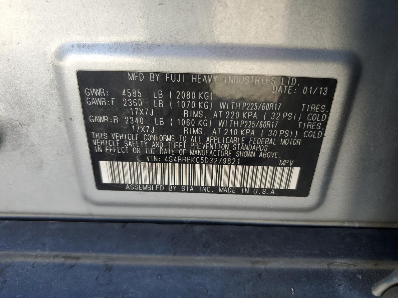 2013 Subaru Outback 2.5I Limited VIN: 4S4BRBKC5D3279821 Lot: 80392915