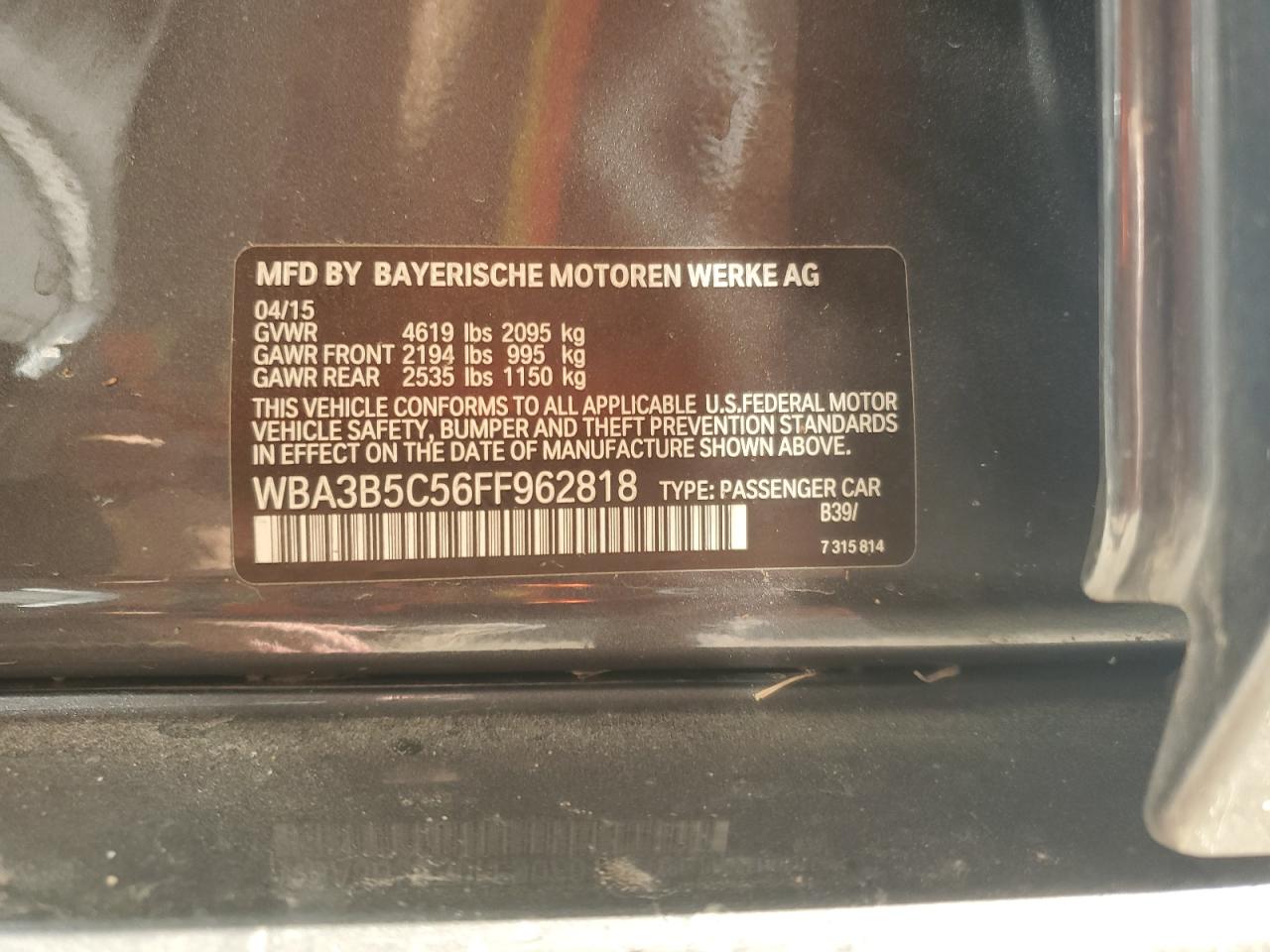 2015 BMW 328 Xi Sulev VIN: WBA3B5C56FF962818 Lot: 81593555