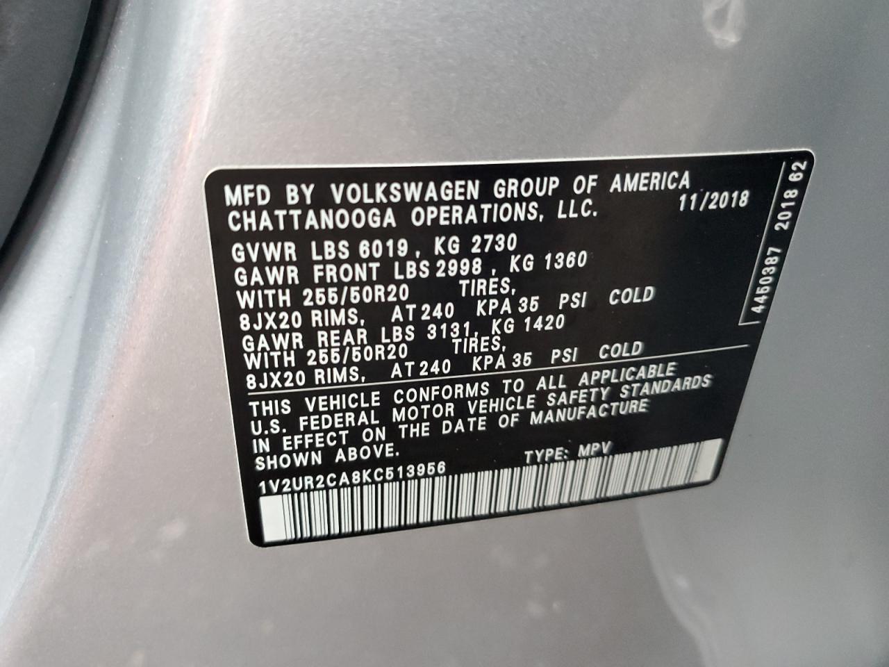 2019 Volkswagen Atlas Se VIN: 1V2UR2CA8KC513956 Lot: 84259525