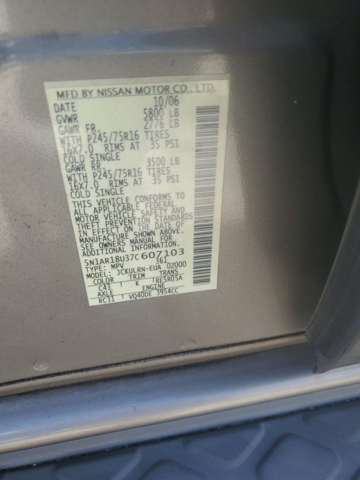 2007 Nissan Pathfinder Le VIN: 5N1AR18U37C607103 Lot: 83967615