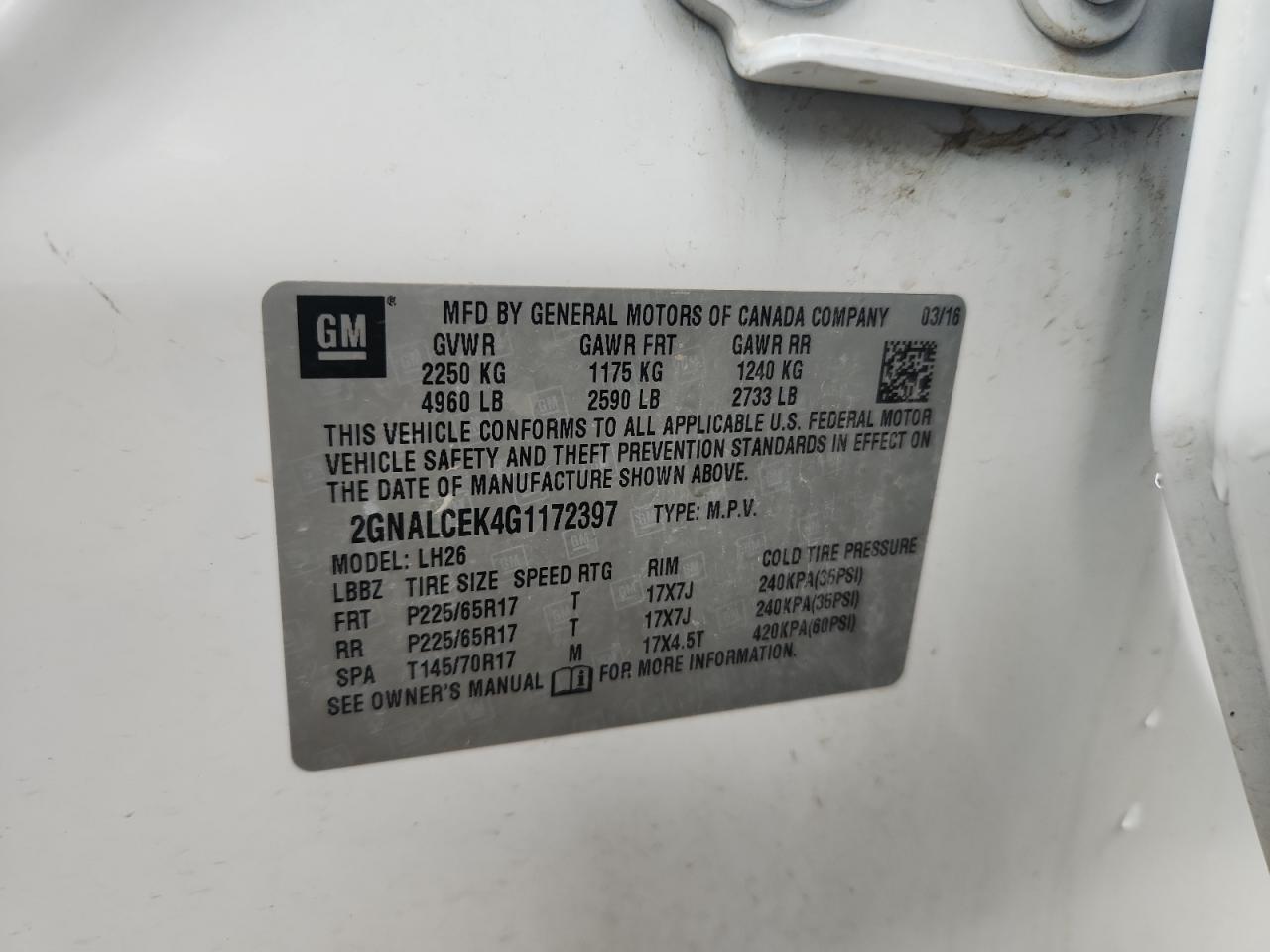 2016 Chevrolet Equinox Lt VIN: 2GNALCEK4G1172397 Lot: 81346295