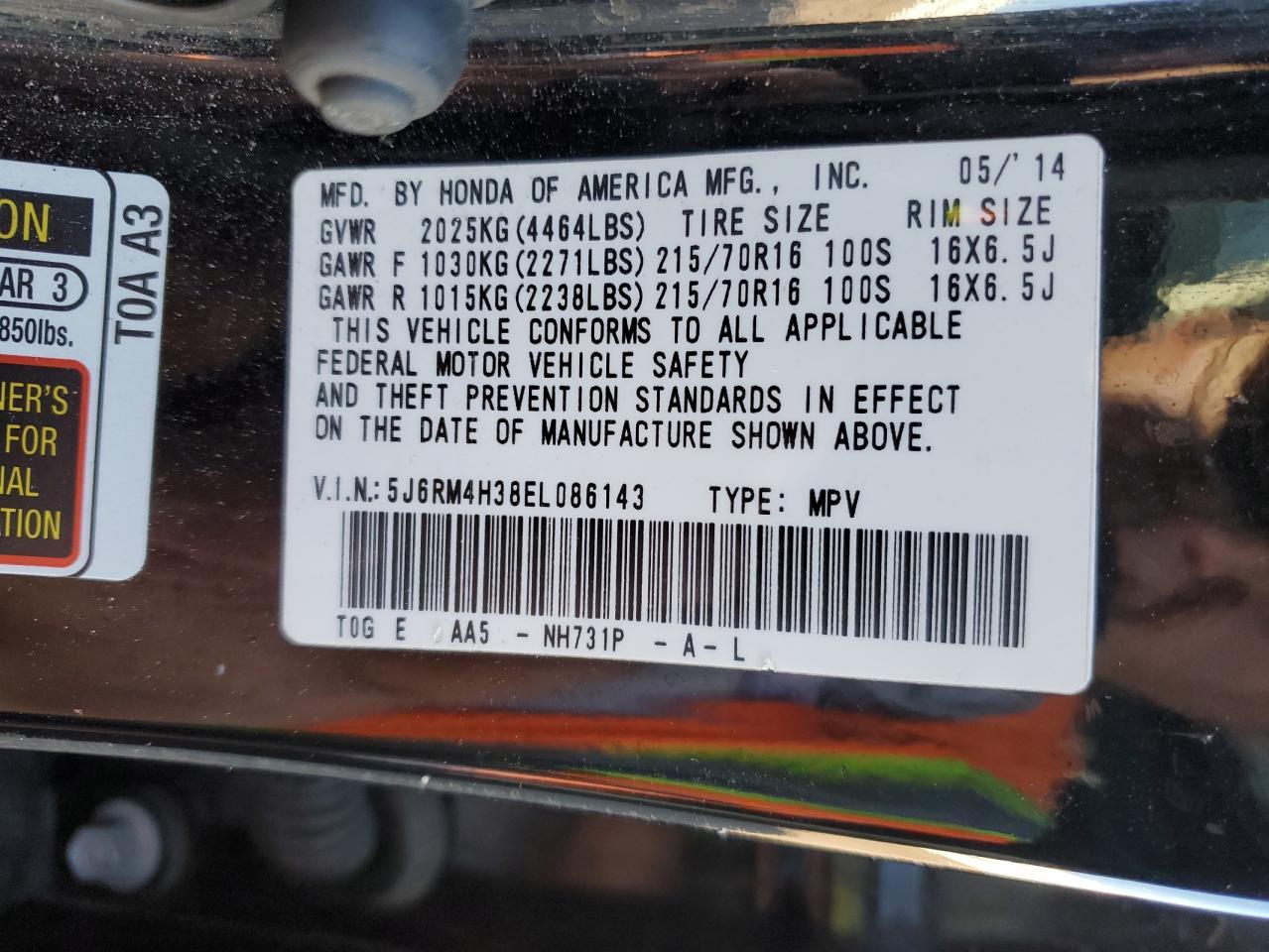 2014 Honda Cr-V Lx VIN: 5J6RM4H38EL086143 Lot: 84805885