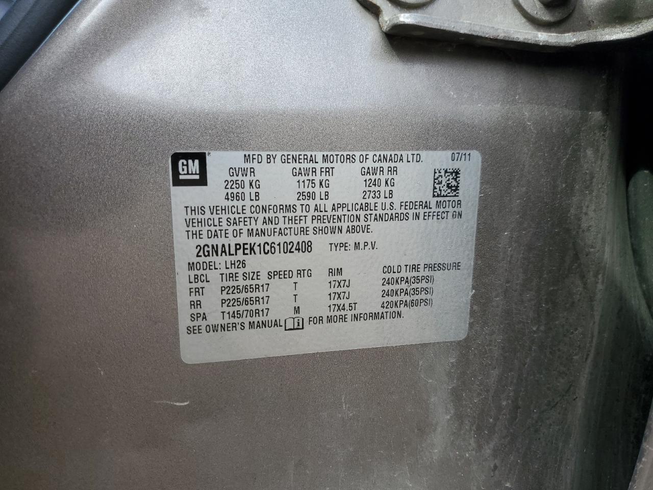 2012 Chevrolet Equinox Lt VIN: 2GNALPEK1C6102408 Lot: 81619765