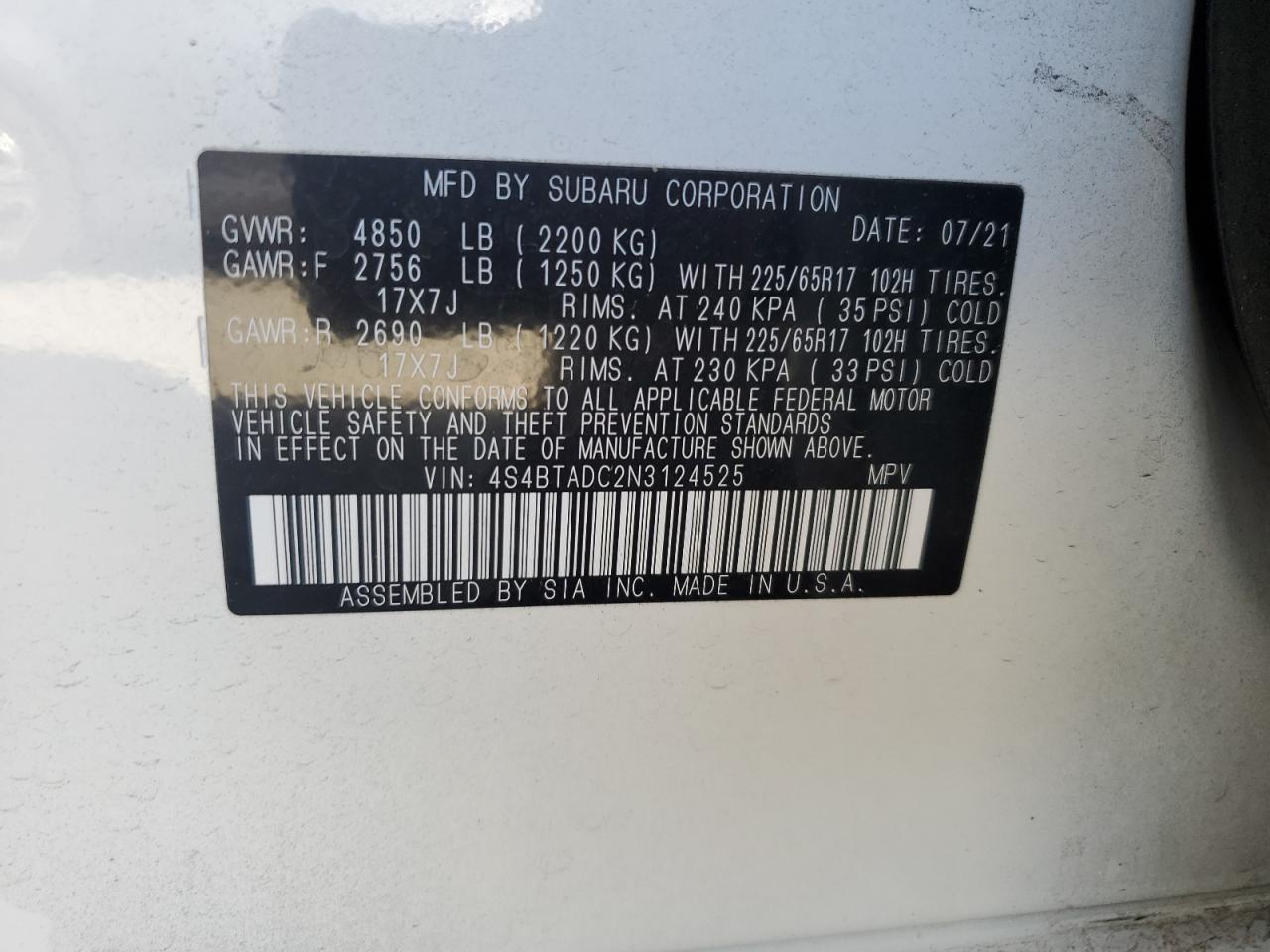 2022 Subaru Outback Premium VIN: 4S4BTADC2N3124525 Lot: 81470725