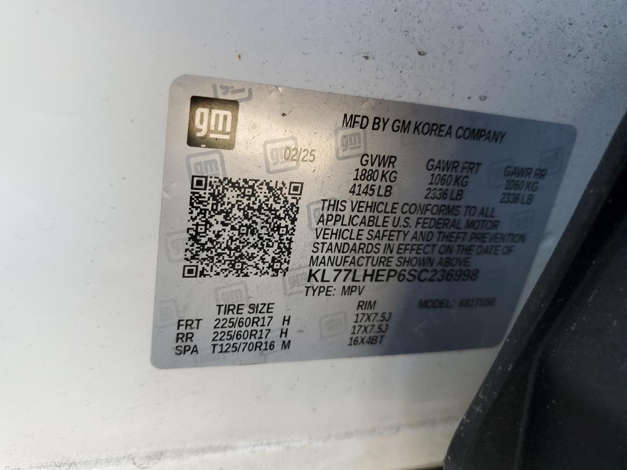 2025 Chevrolet Trax 1Lt VIN: KL77LHEP6SC236998 Lot: 81037975