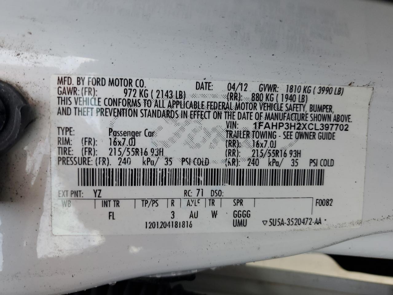 2012 Ford Focus Sel VIN: 1FAHP3H2XCL397702 Lot: 84756505