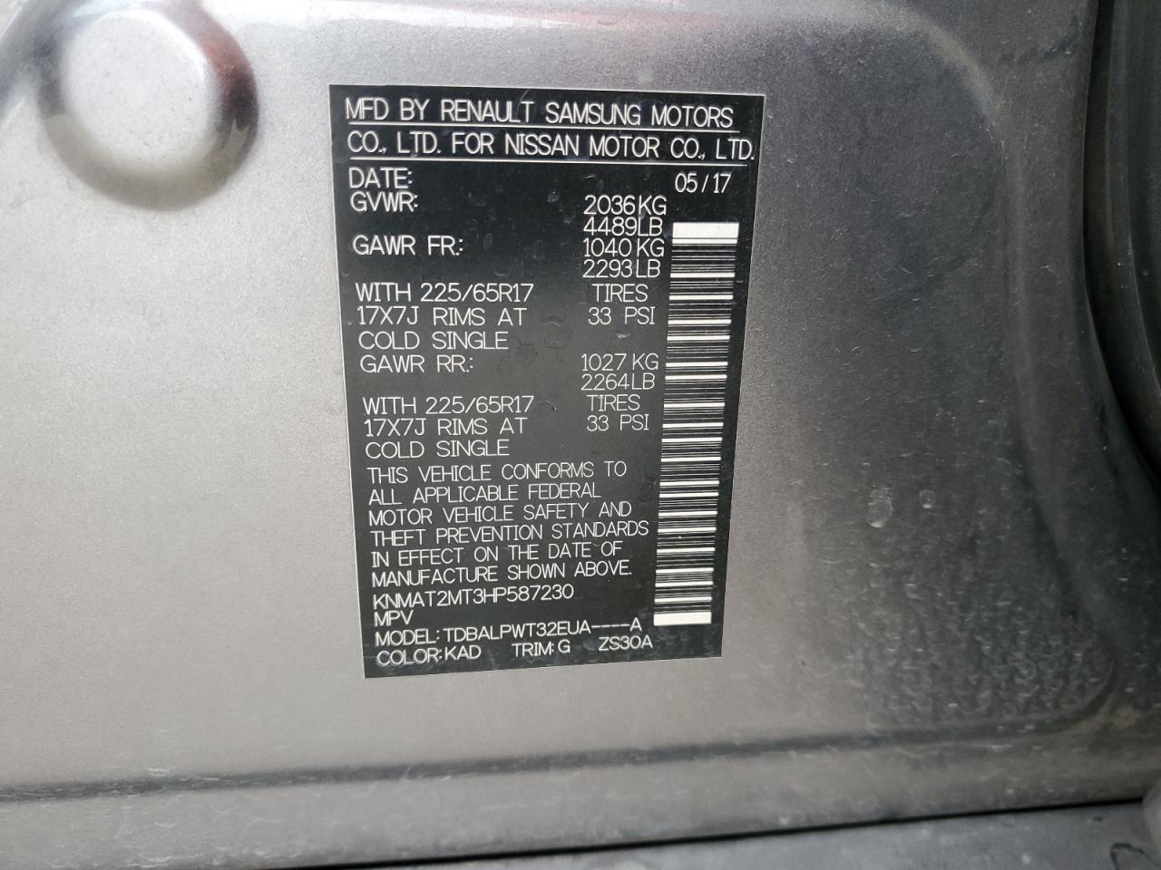 2017 Nissan Rogue S VIN: KNMAT2MT3HP587230 Lot: 81318225