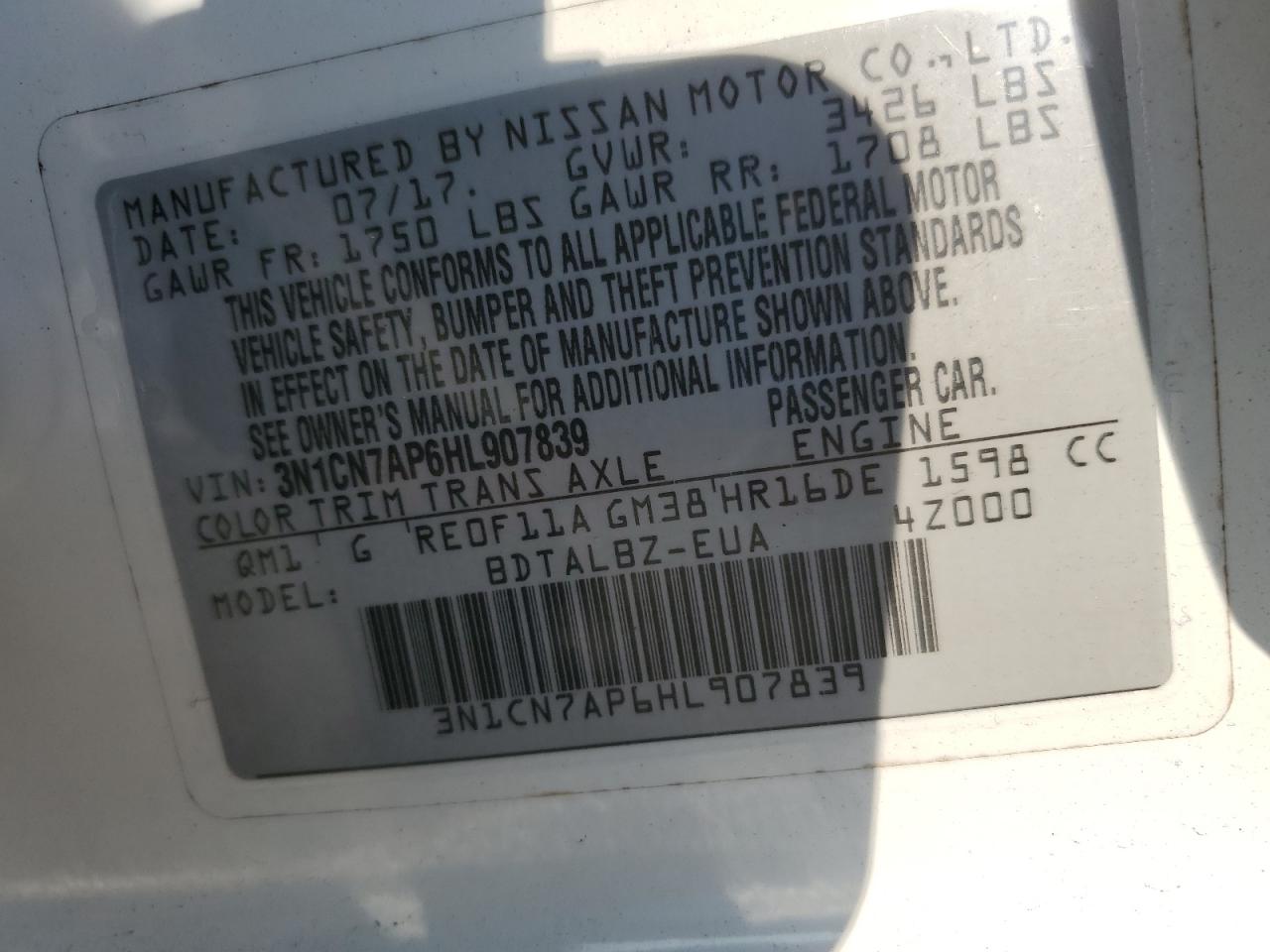 2017 Nissan Versa S VIN: 3N1CN7AP6HL907839 Lot: 81303885