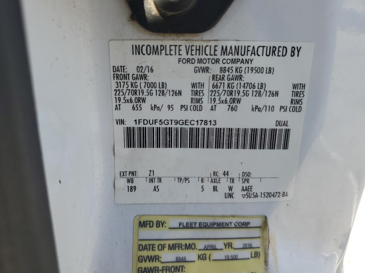 2016 Ford F550 Super Duty VIN: 1FDUF5GT9GEC17813 Lot: 71543225