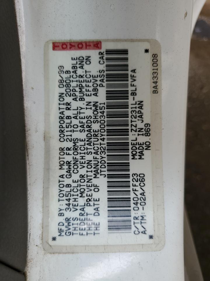 2000 Toyota Celica Gt-S VIN: JTDDY32T4Y0003451 Lot: 80131515