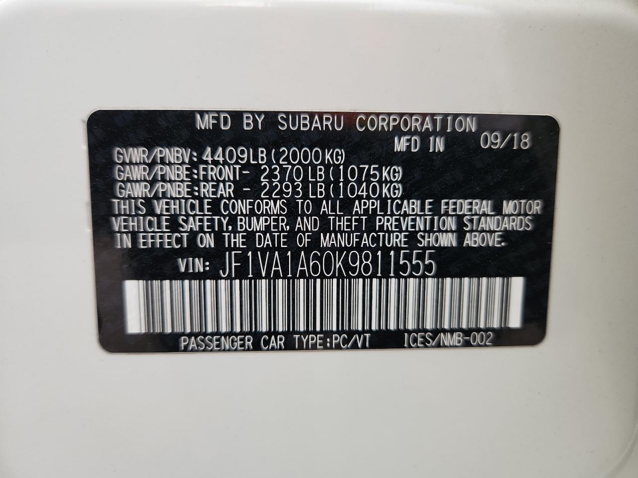 2019 Subaru Wrx VIN: JF1VA1A60K9811555 Lot: 71918005