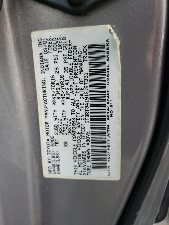 2001 Toyota Tundra Access Cab VIN: 5TBRT34191S187331 Lot: 80190155