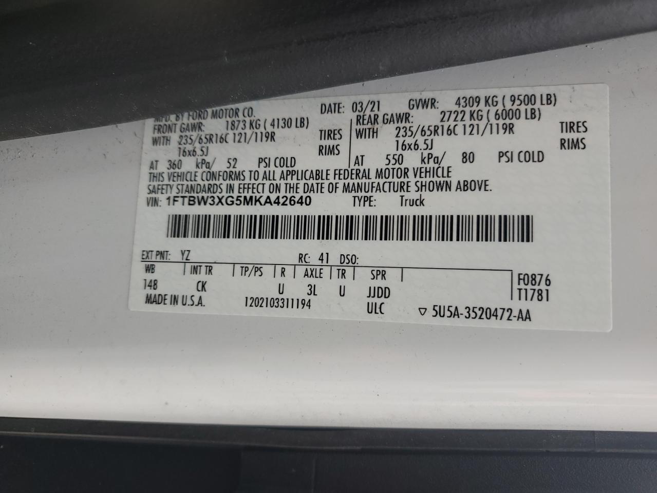 2021 Ford Transit T-350 VIN: 1FTBW3XG5MKA42640 Lot: 67446045