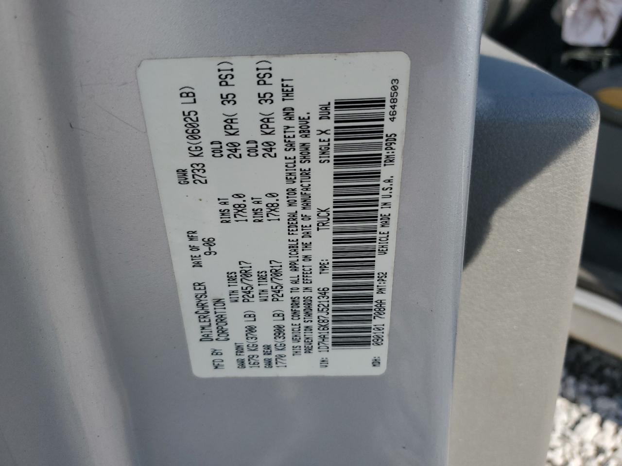 2007 Dodge Ram 1500 St VIN: 1D7HA16K87J521346 Lot: 80306755