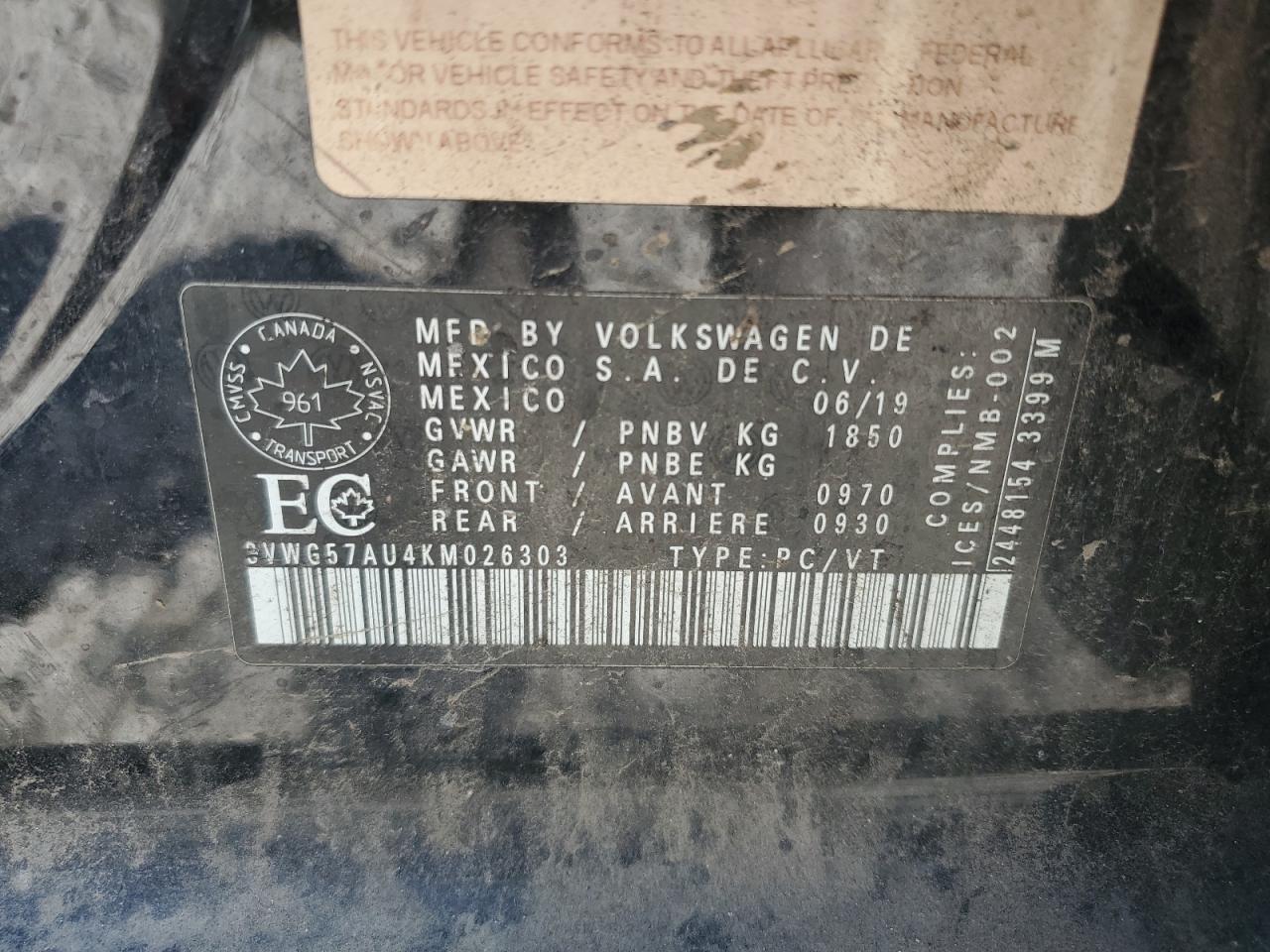2019 Volkswagen Golf S VIN: 3VWG57AU4KM026303 Lot: 71823295