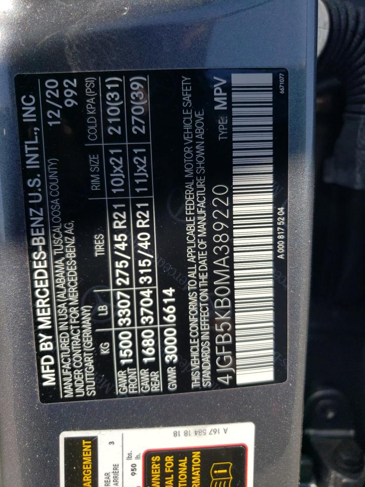 2021 Mercedes-Benz Gle 450 4Matic VIN: 4JGFB5KB0MA389220 Lot: 81849485