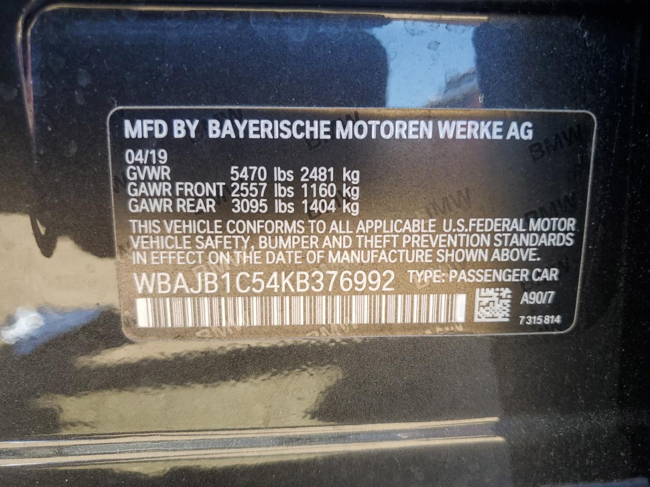 2019 BMW 530Xe VIN: WBAJB1C54KB376992 Lot: 81515765