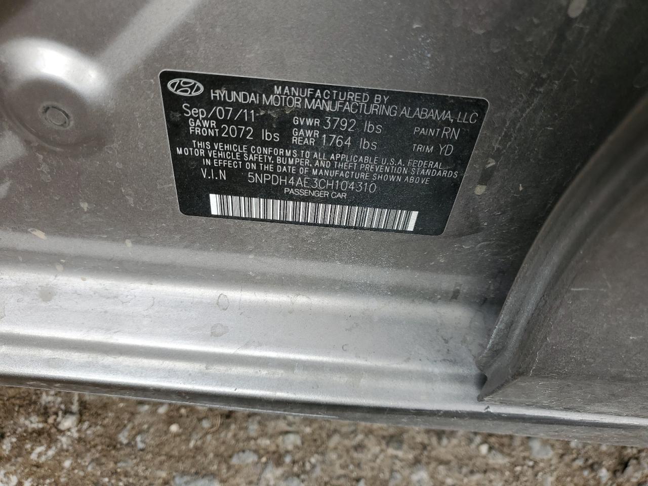 2012 Hyundai Elantra Gls VIN: 5NPDH4AE3CH104310 Lot: 81115285