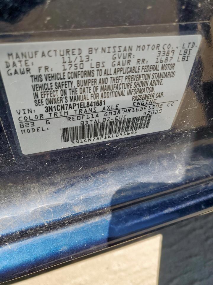 2014 Nissan Versa S VIN: 3N1CN7AP1EL841681 Lot: 72019785