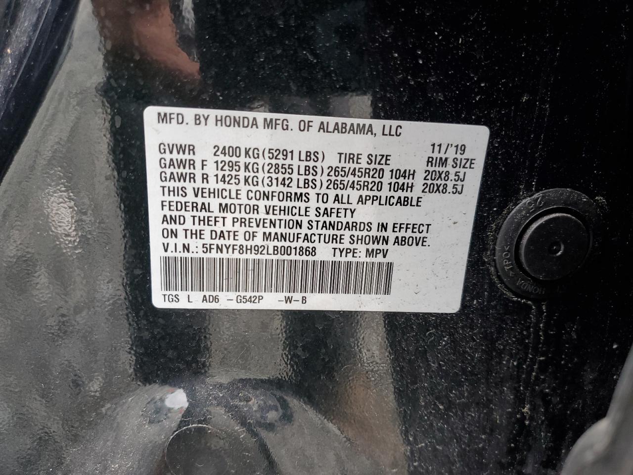 2020 Honda Passport Touring VIN: 5FNYF8H92LB001868 Lot: 81558535