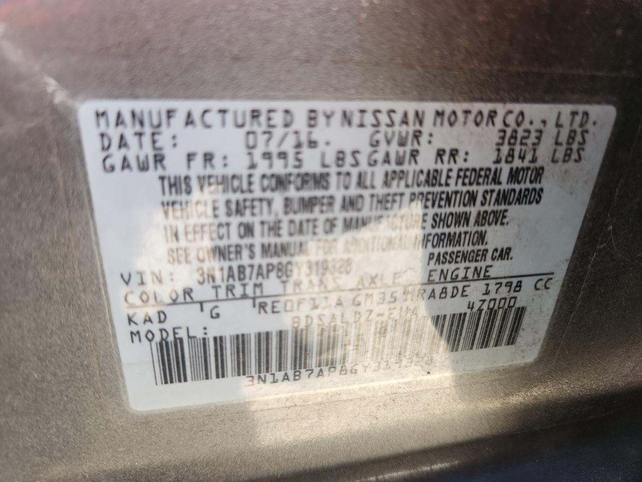 2016 Nissan Sentra S VIN: 3N1AB7AP8GY319328 Lot: 80457915