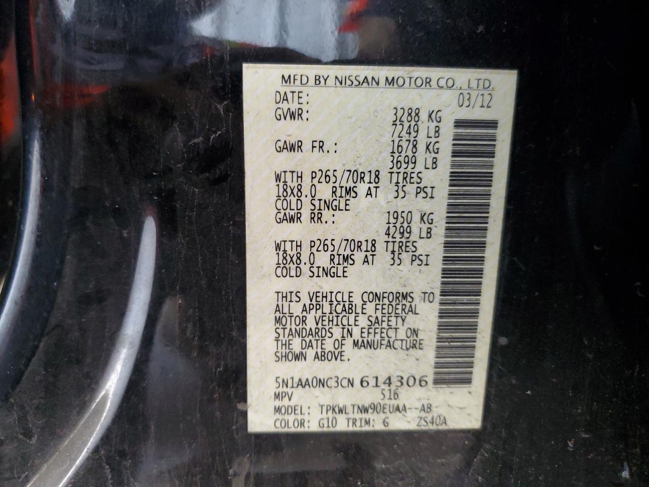 2012 Nissan Armada Sv VIN: 5N1AA0NC3CN614306 Lot: 71478215