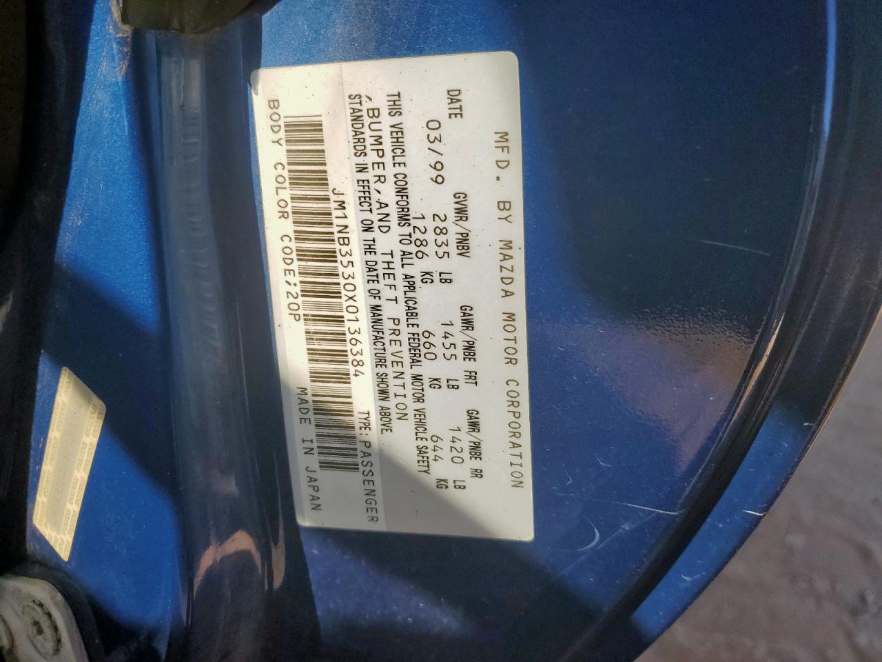 1999 Mazda Mx-5 Miata VIN: JM1NB3530X0136384 Lot: 84048895