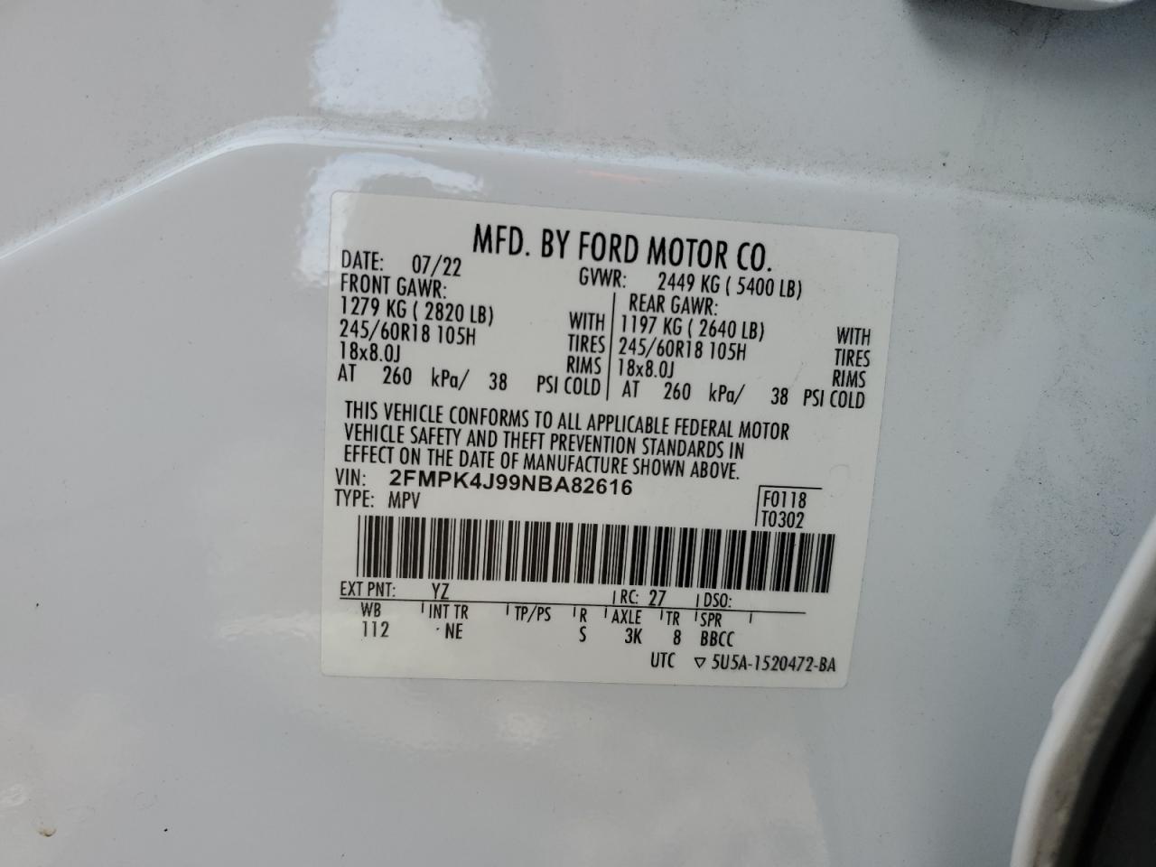 2022 Ford Edge Sel VIN: 2FMPK4J99NBA82616 Lot: 81475545