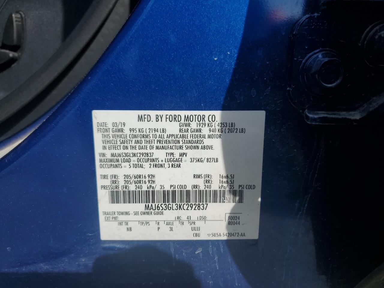 2019 Ford Ecosport Se VIN: MAJ6S3GL3KC292837 Lot: 84880395