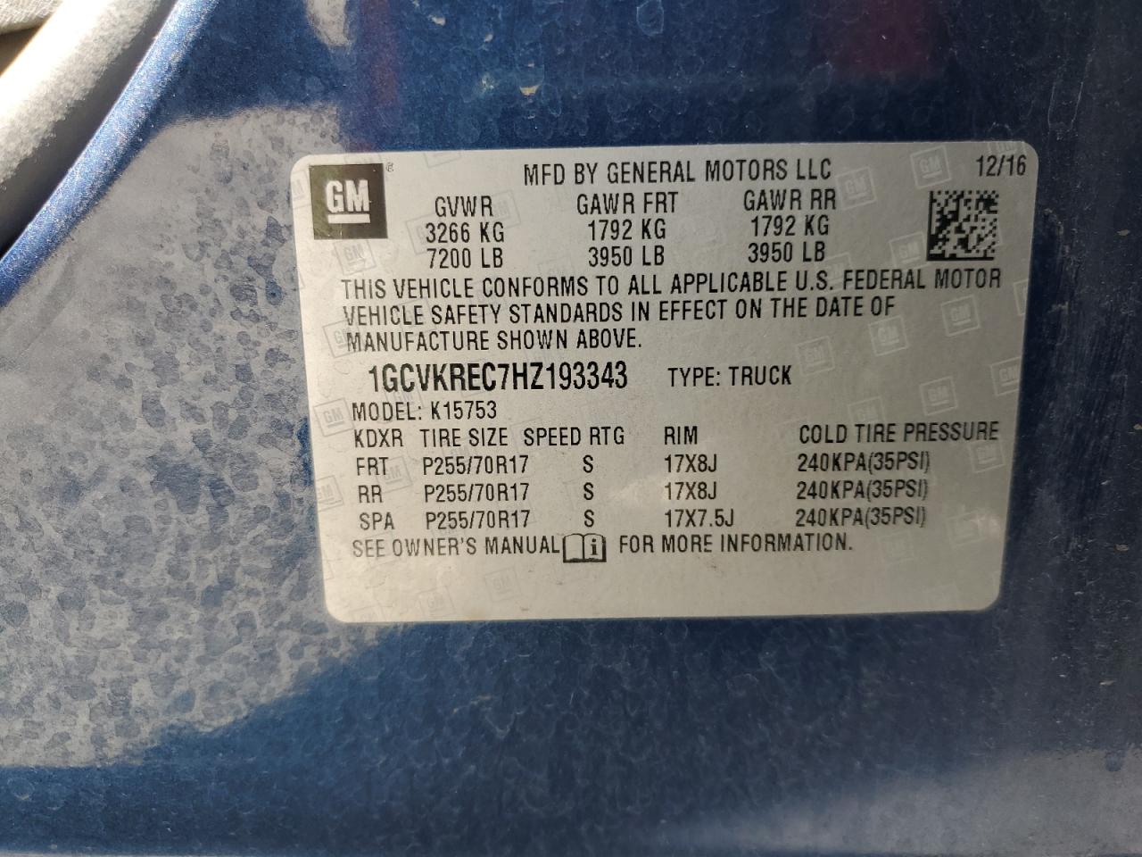 2017 Chevrolet Silverado K1500 Lt VIN: 1GCVKREC7HZ193343 Lot: 71751325