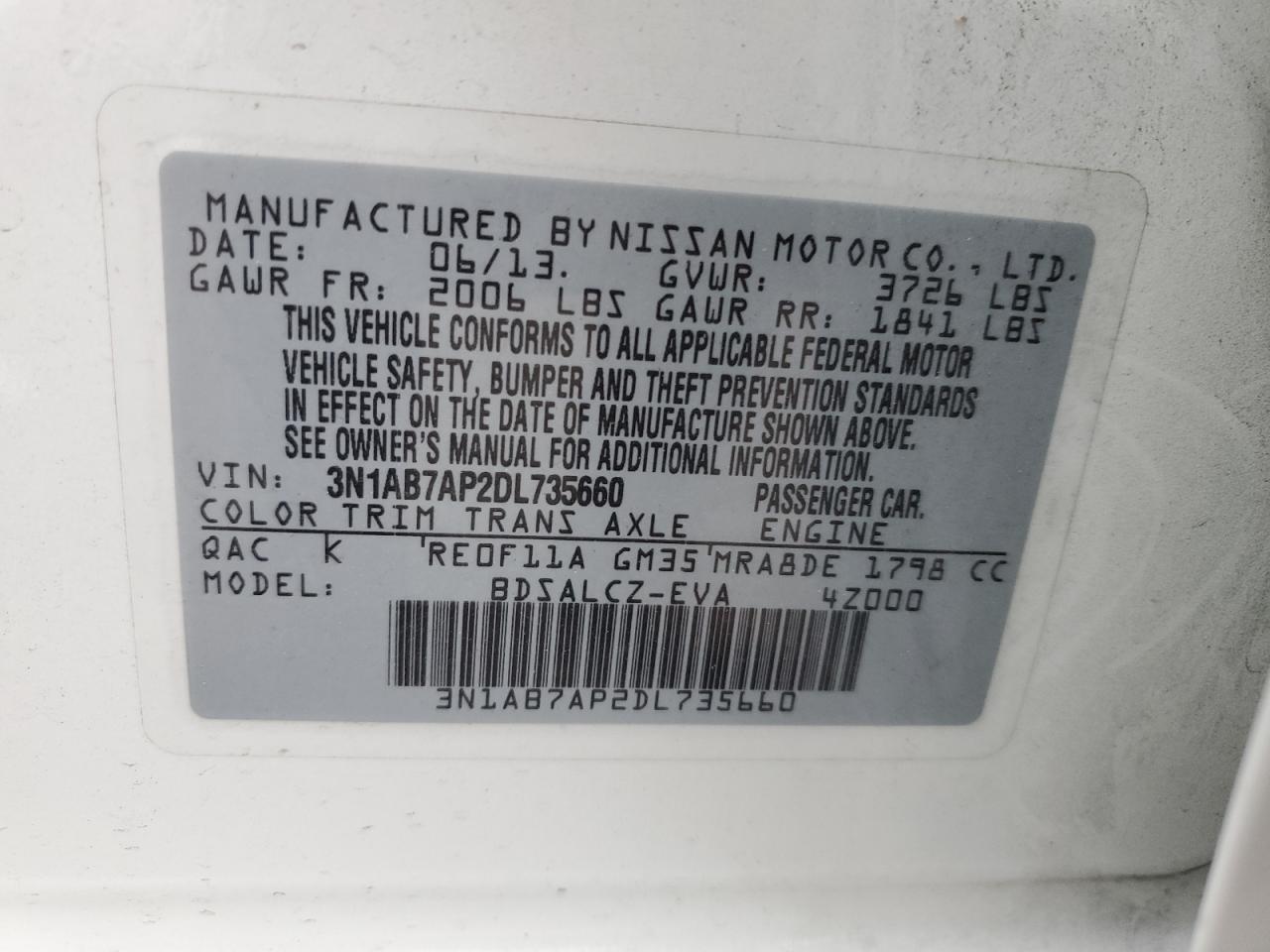 2013 Nissan Sentra S VIN: 3N1AB7AP2DL735660 Lot: 80379585