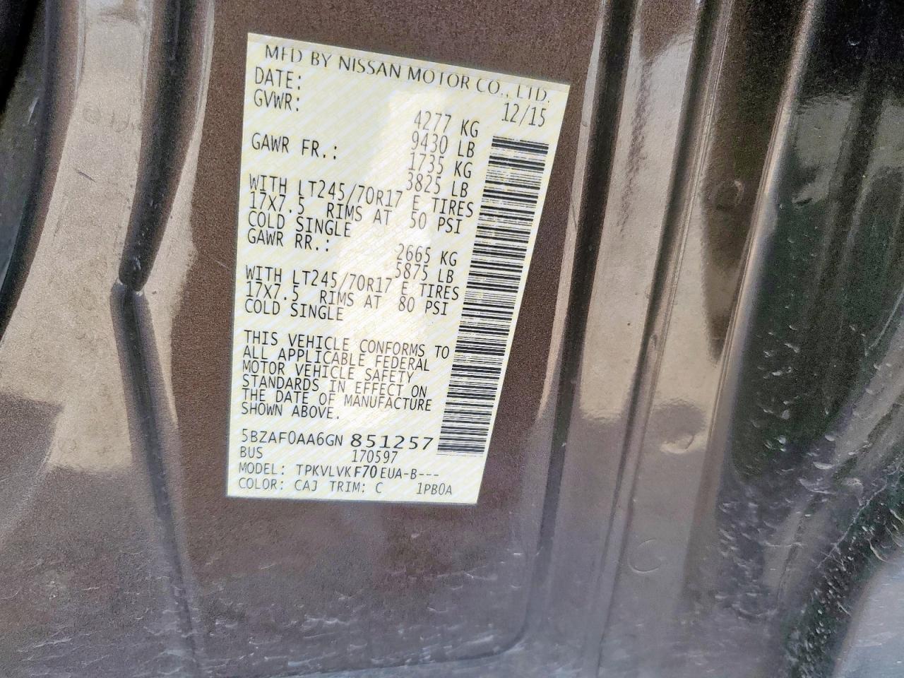 2016 Nissan Nv 3500 S VIN: 5BZAF0AA6GN851257 Lot: 81343195