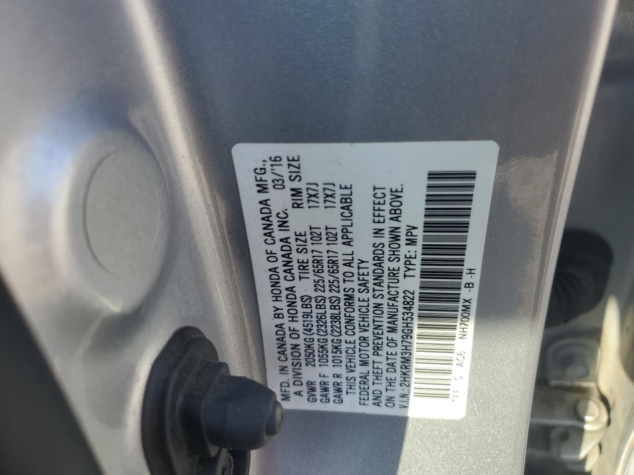 2016 Honda Cr-V Exl VIN: 2HKRM3H79GH534822 Lot: 80814255