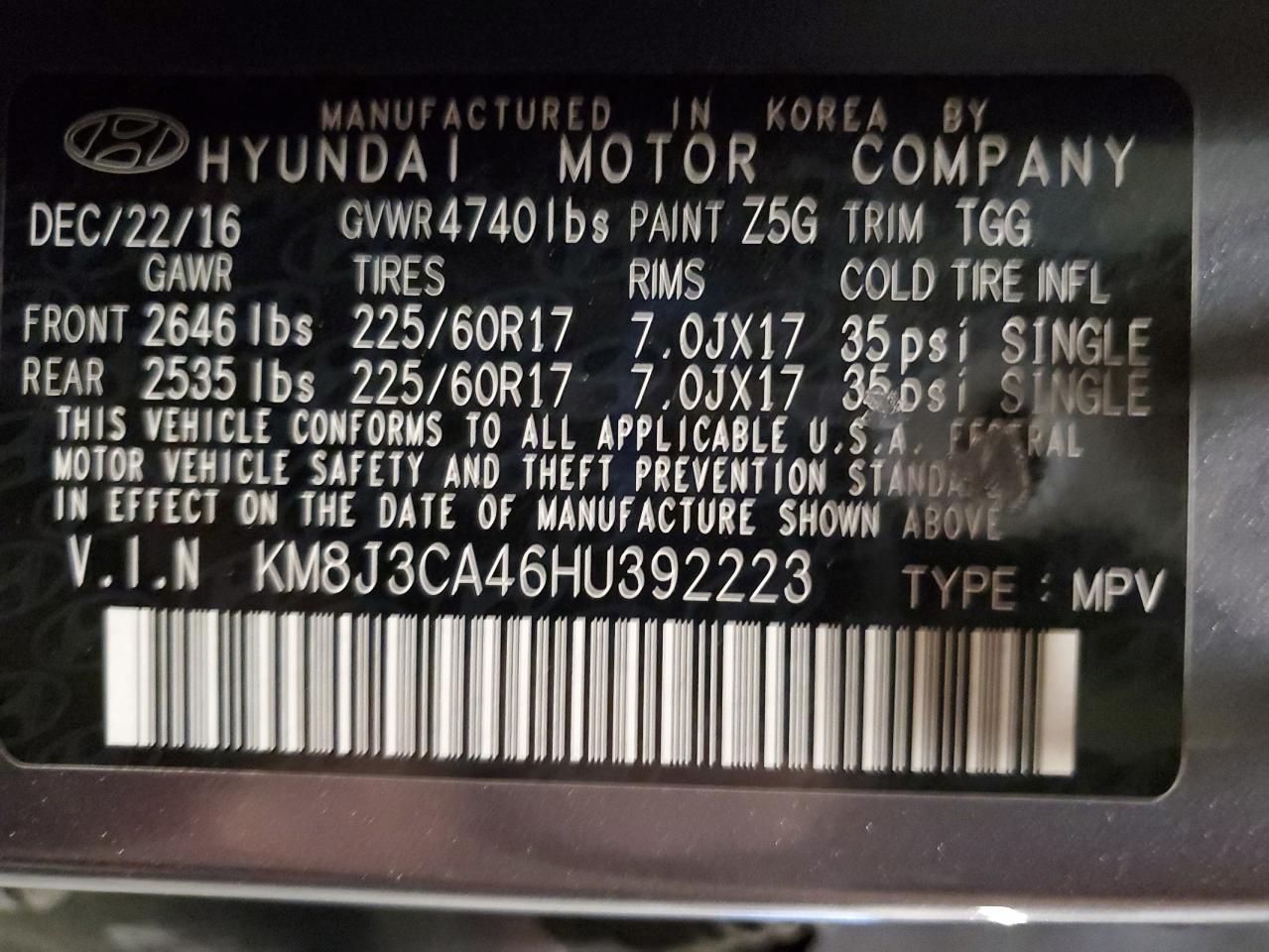 2017 Hyundai Tucson Limited VIN: KM8J3CA46HU392223 Lot: 71666415