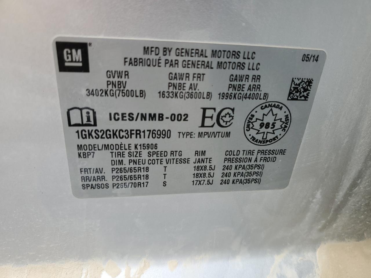 2015 GMC Yukon Xl K1500 Sle VIN: 1GKS2GKC3FR176990 Lot: 72058455