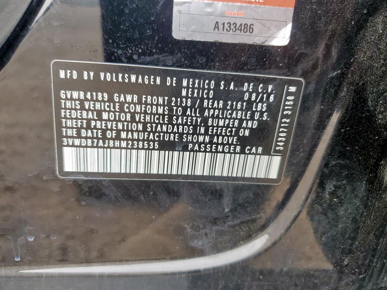 2017 Volkswagen Jetta Se VIN: 3VWDB7AJ8HM238535 Lot: 84637375