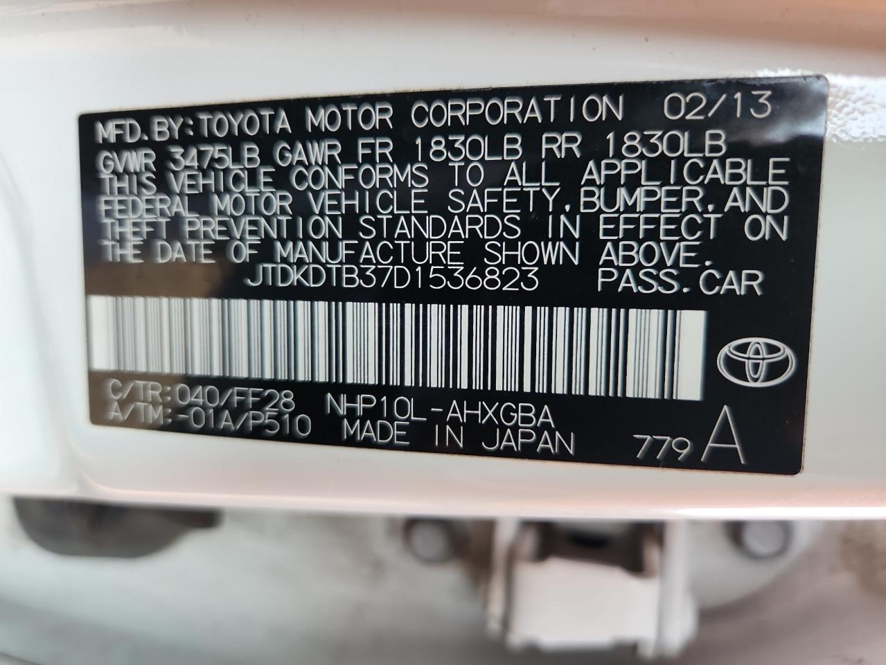 2013 Toyota Prius C VIN: JTDKDTB37D1536823 Lot: 80711805