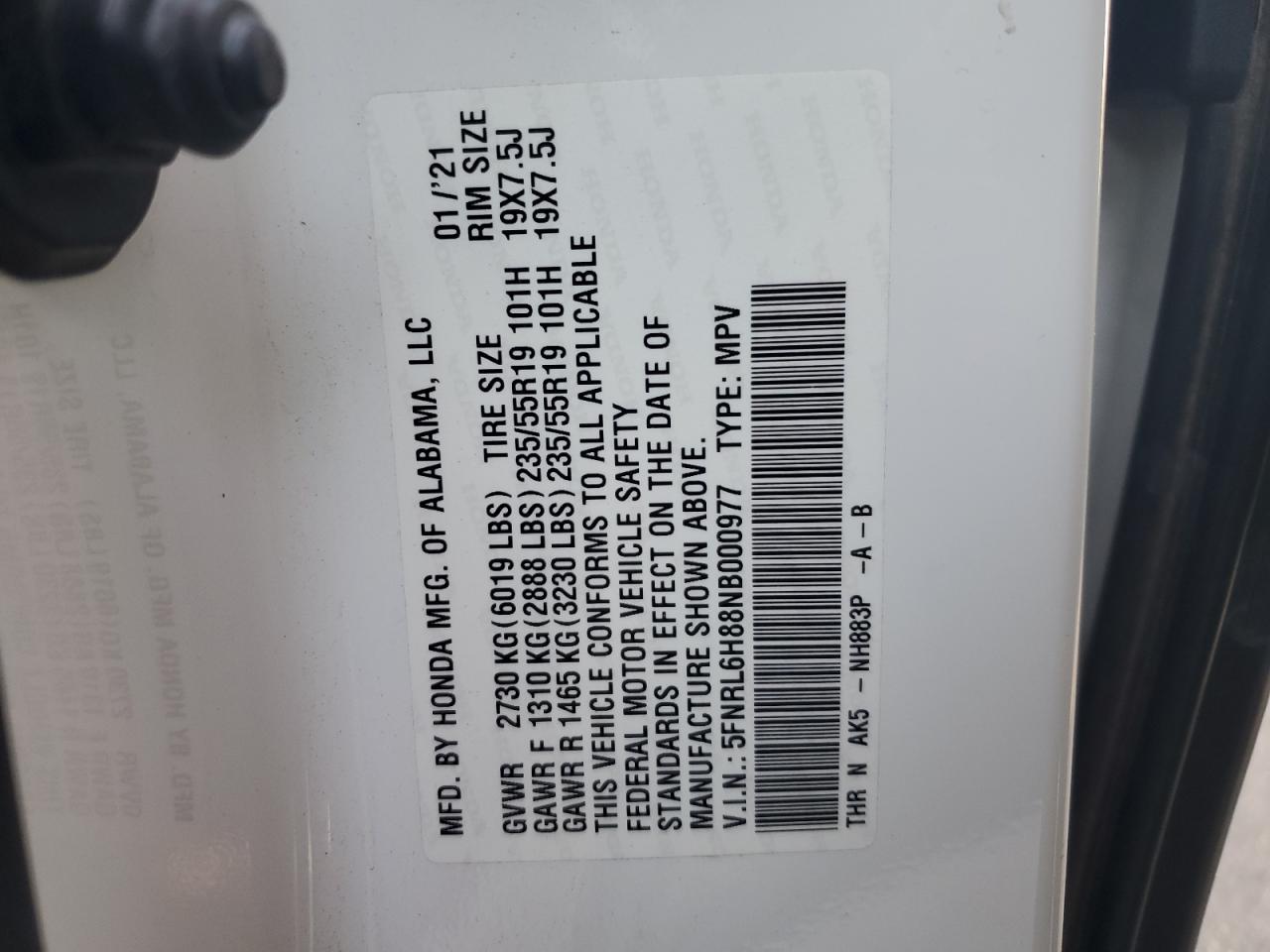 2022 Honda Odyssey Touring VIN: 5FNRL6H88NB000977 Lot: 81097455