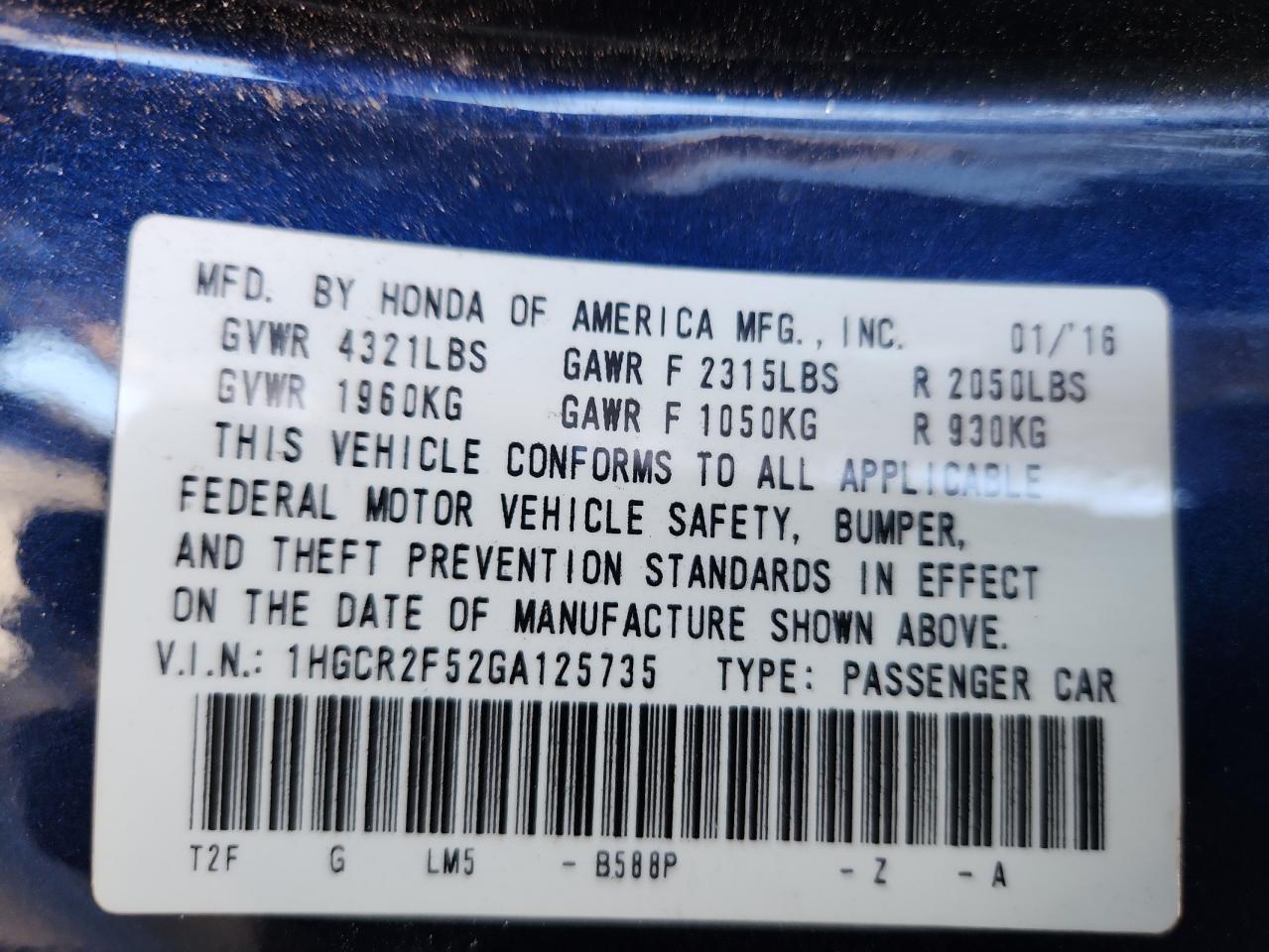 2016 Honda Accord Sport VIN: 1HGCR2F52GA125735 Lot: 81725745
