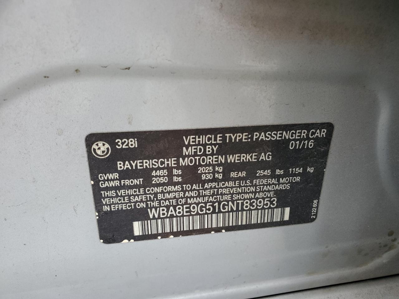 2016 BMW 328 I Sulev VIN: WBA8E9G51GNT83953 Lot: 84411655