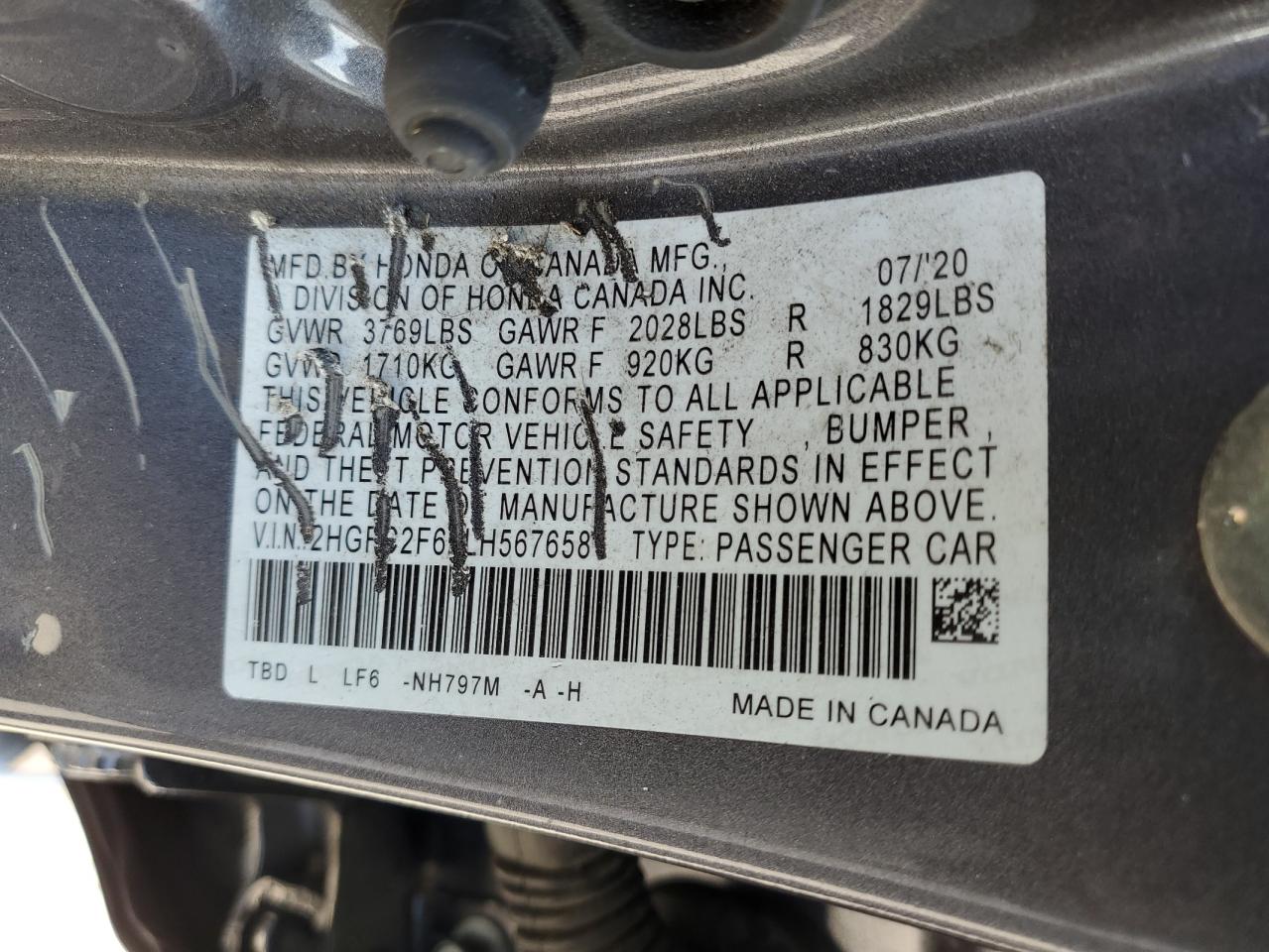 2020 Honda Civic Lx VIN: 2HGFC2F62LH567658 Lot: 84943425