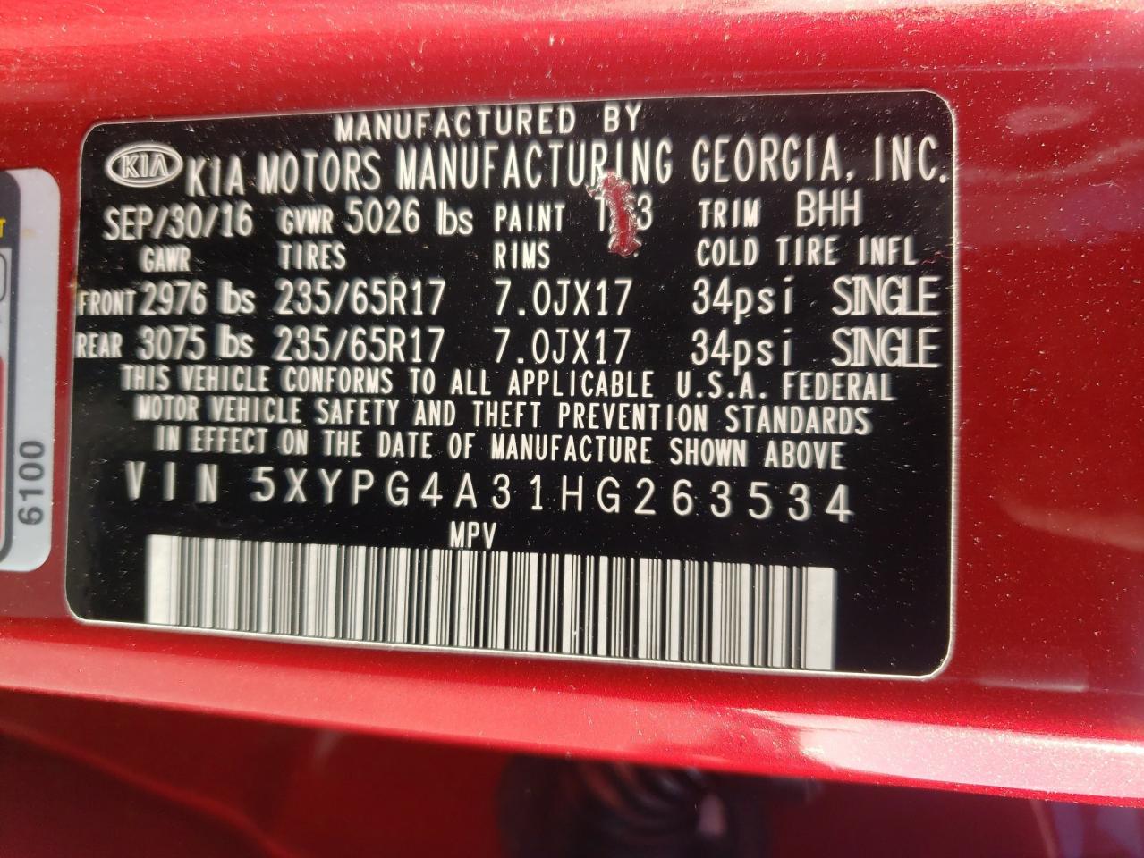 2017 Kia Sorento Lx VIN: 5XYPG4A31HG263534 Lot: 81437595