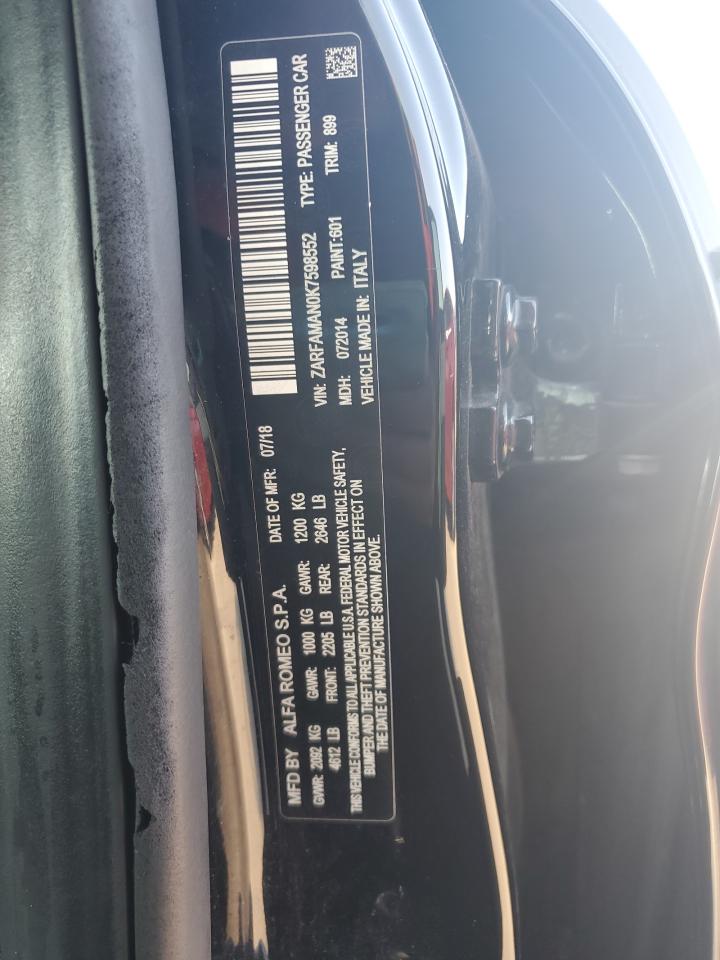 2019 Alfa Romeo Giulia VIN: ZARFAMAN0K7598552 Lot: 81636325