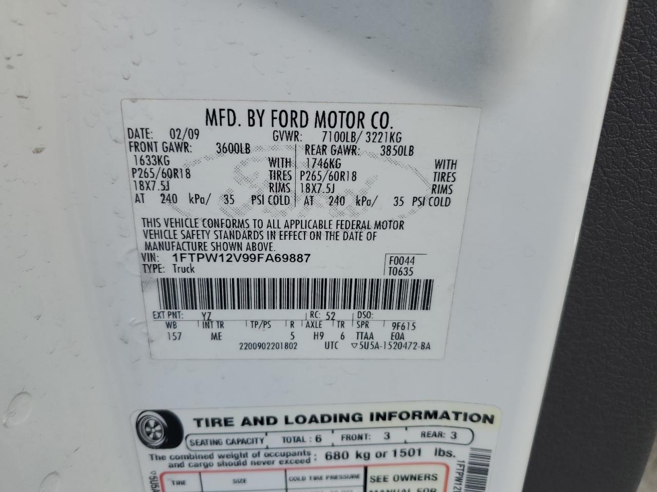 2009 Ford F150 Supercrew VIN: 1FTPW12V99FA69887 Lot: 83932605