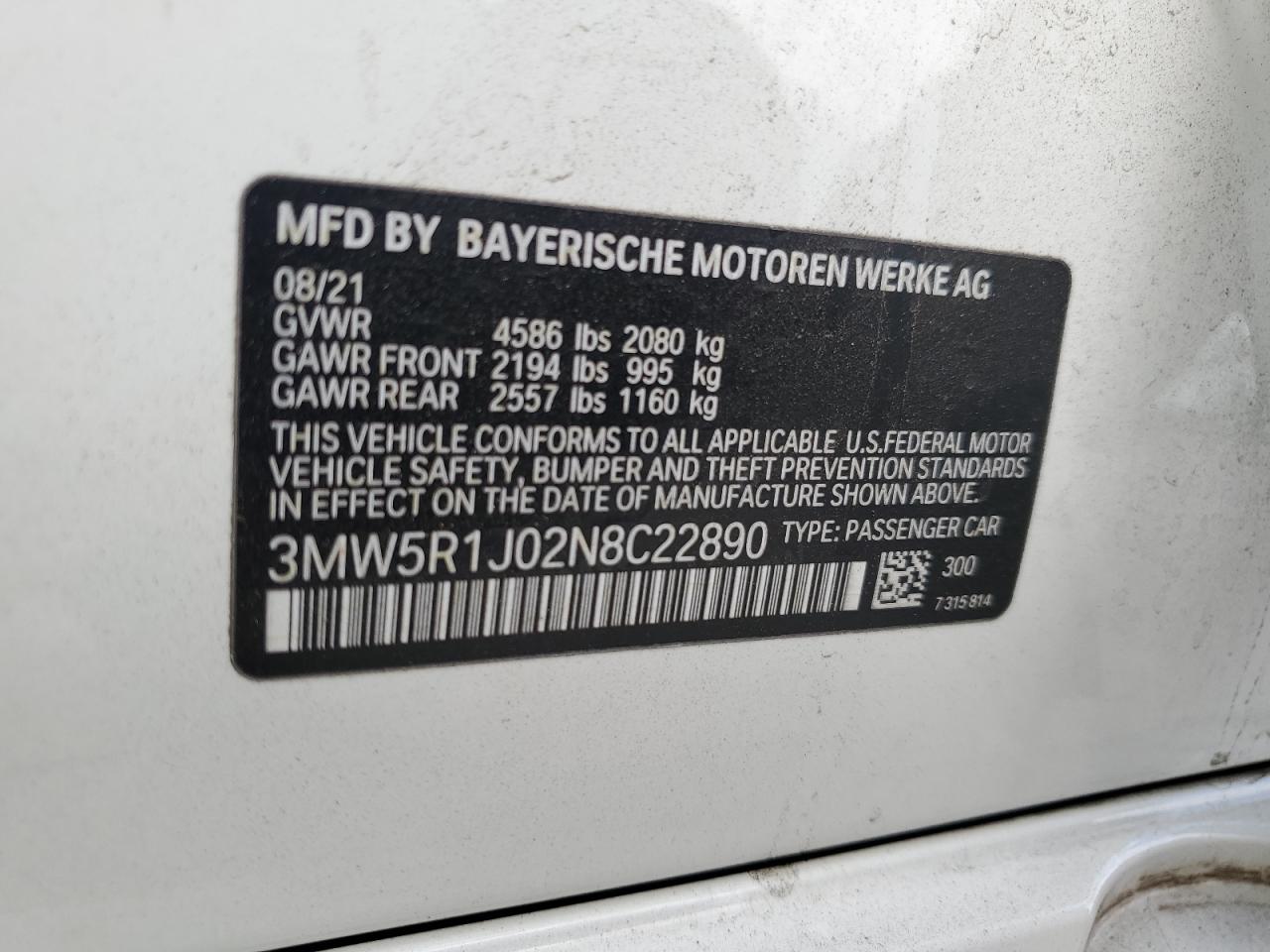 2022 BMW 330I VIN: 3MW5R1J02N8C22890 Lot: 81526215