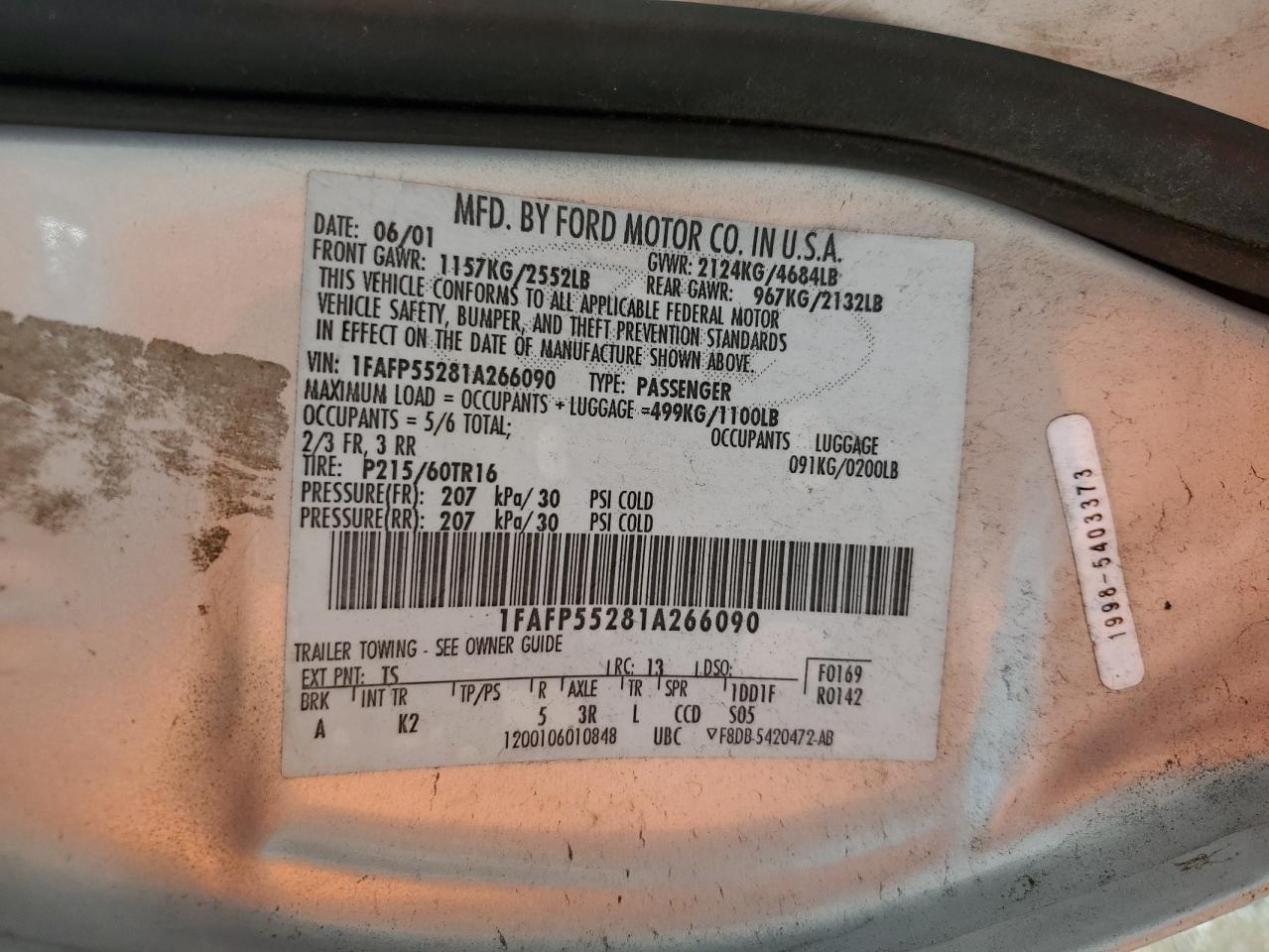 2001 Ford Taurus Ses VIN: 1FAFP55281A266090 Lot: 84001895