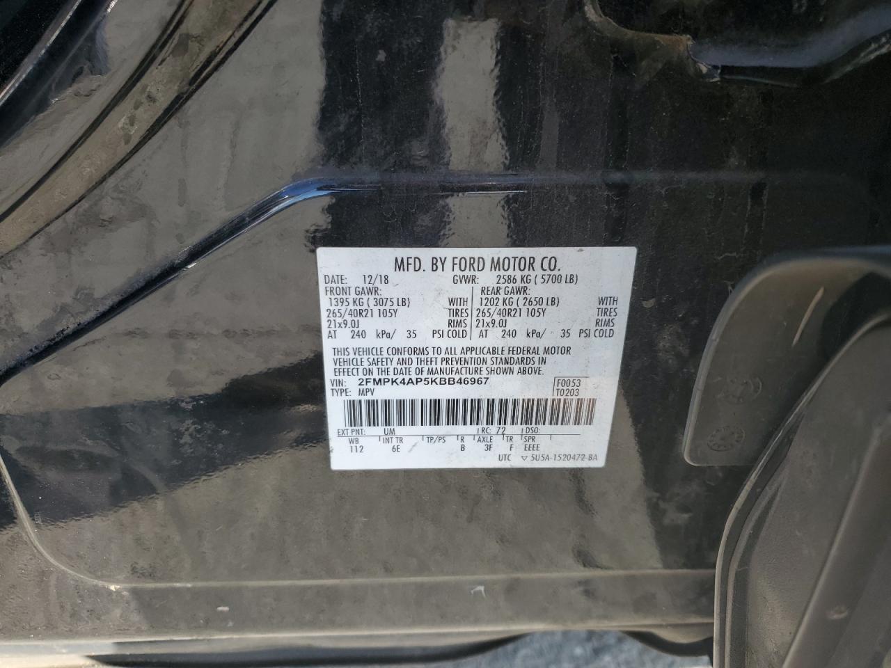 2019 Ford Edge St VIN: 2FMPK4AP5KBB46967 Lot: 83835215