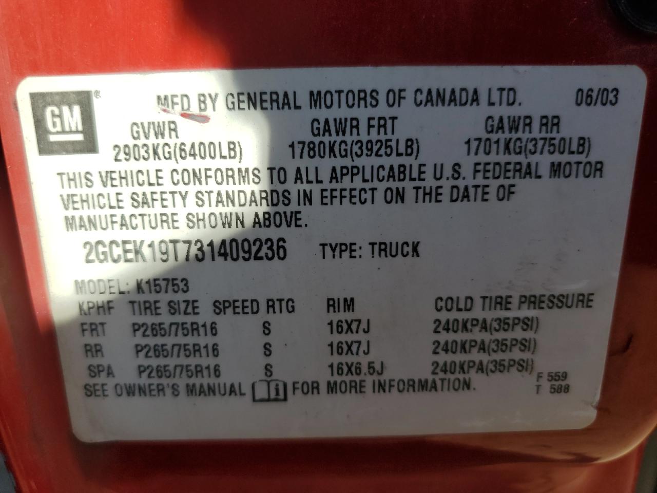 2003 Chevrolet Silverado K1500 VIN: 2GCEK19T731409236 Lot: 81885655