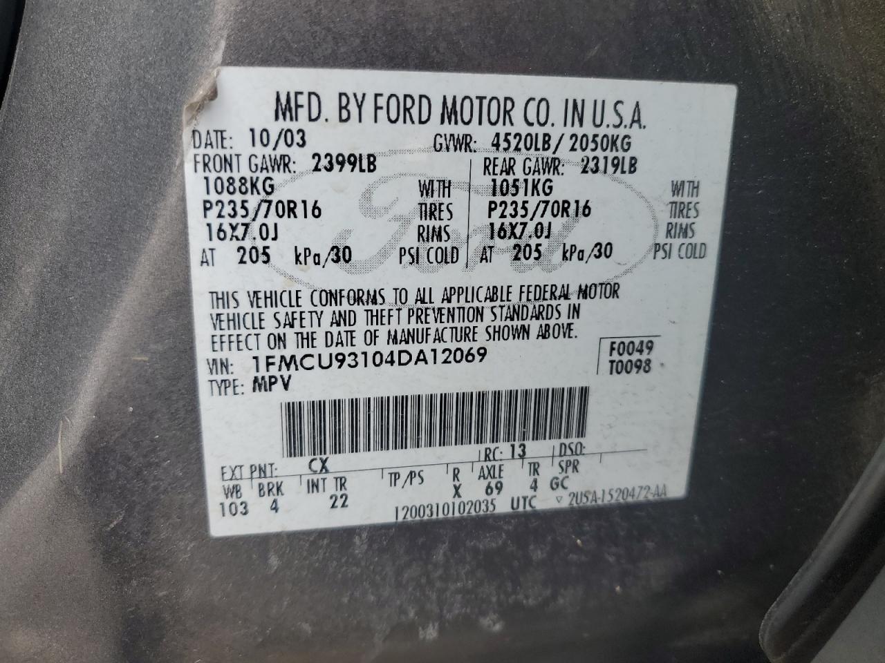 2004 Ford Escape Xlt VIN: 1FMCU93104DA12069 Lot: 81921245