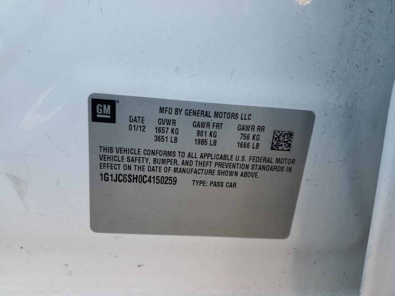 2012 Chevrolet Sonic Lt VIN: 1G1JC6SH0C4150259 Lot: 83794225